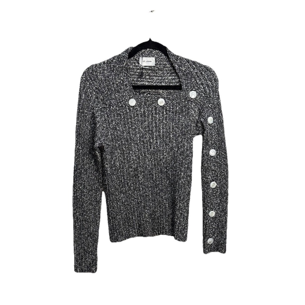 St John Womens Ribbed Boucle Sweater Black Heathered Old Money Minimalist‎ Sz M